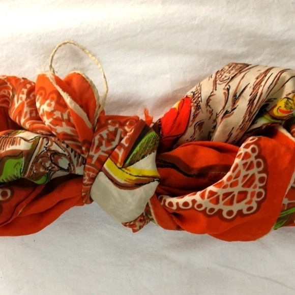 𝅺VTG 20s Antique ORANGE Ladies print scarf -- as is with flaws & torn - Picture 6 of 12